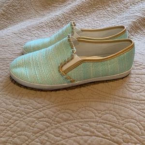 Teal and gold slip on summer shoes